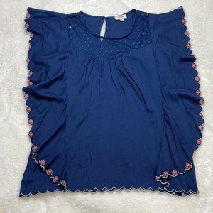 Umgee Butterfly Sleeve Mesh Neck Scallop Trim Blouse Size Large
